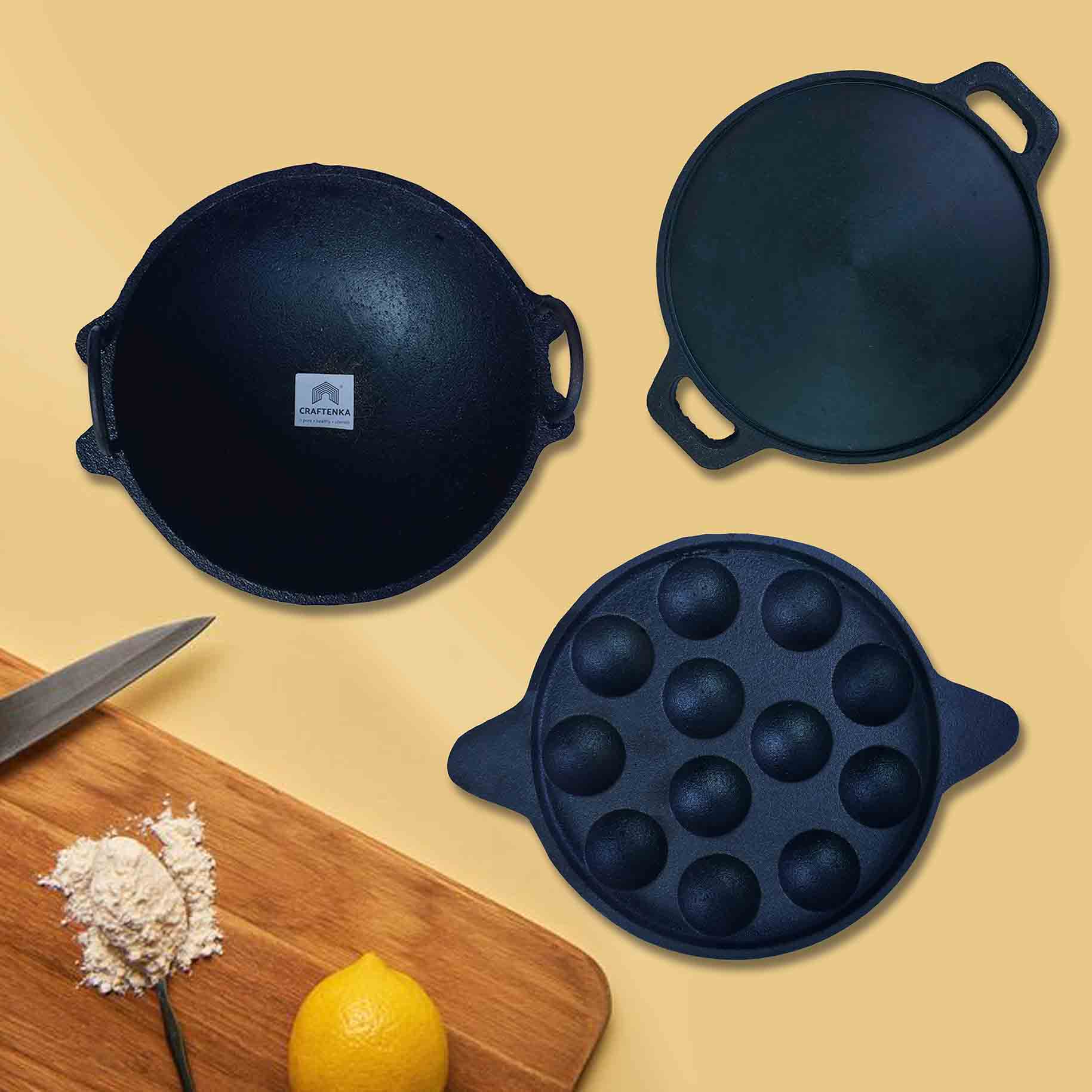 Wire Kadhai -(10 inch / 25 cm) + Dosa Tawa (12 inch / 30 cm) + Cast Iron Pannirayam/Appam - 12 Cavity (29 Cm/ 11.5 Inch)
