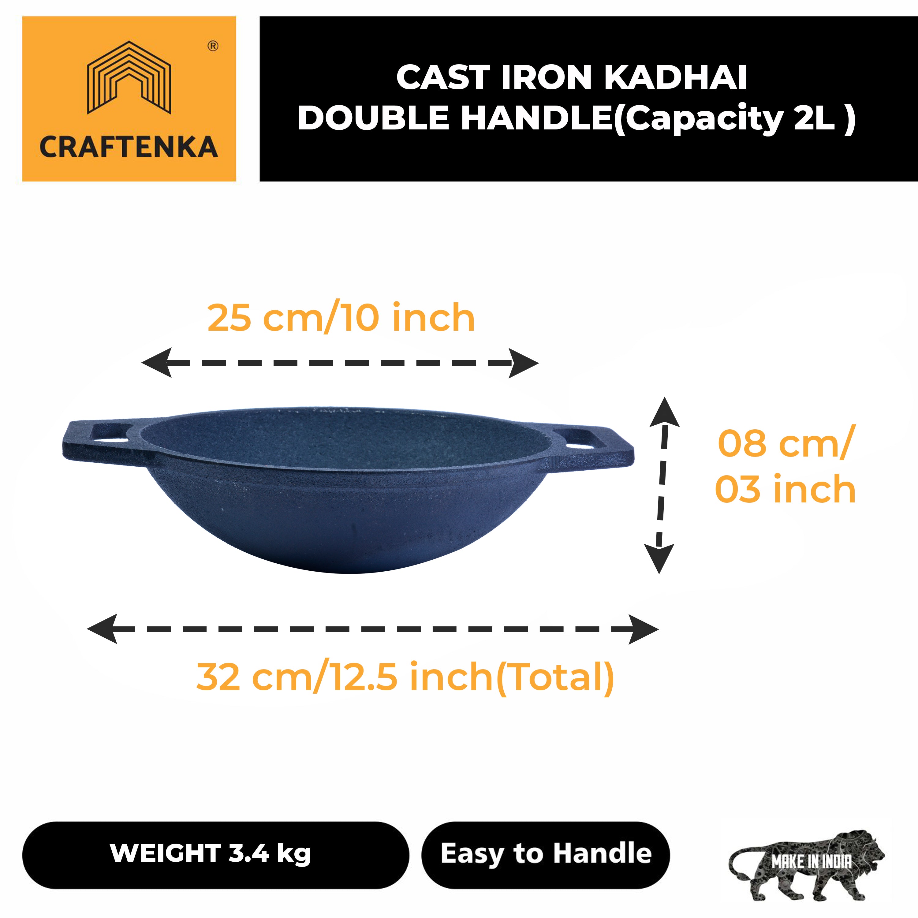 Cast Iron Kadai Pre-Seasoned Double Handle Smooth Finish (25 cm / 10 inch), Capacity - 2L