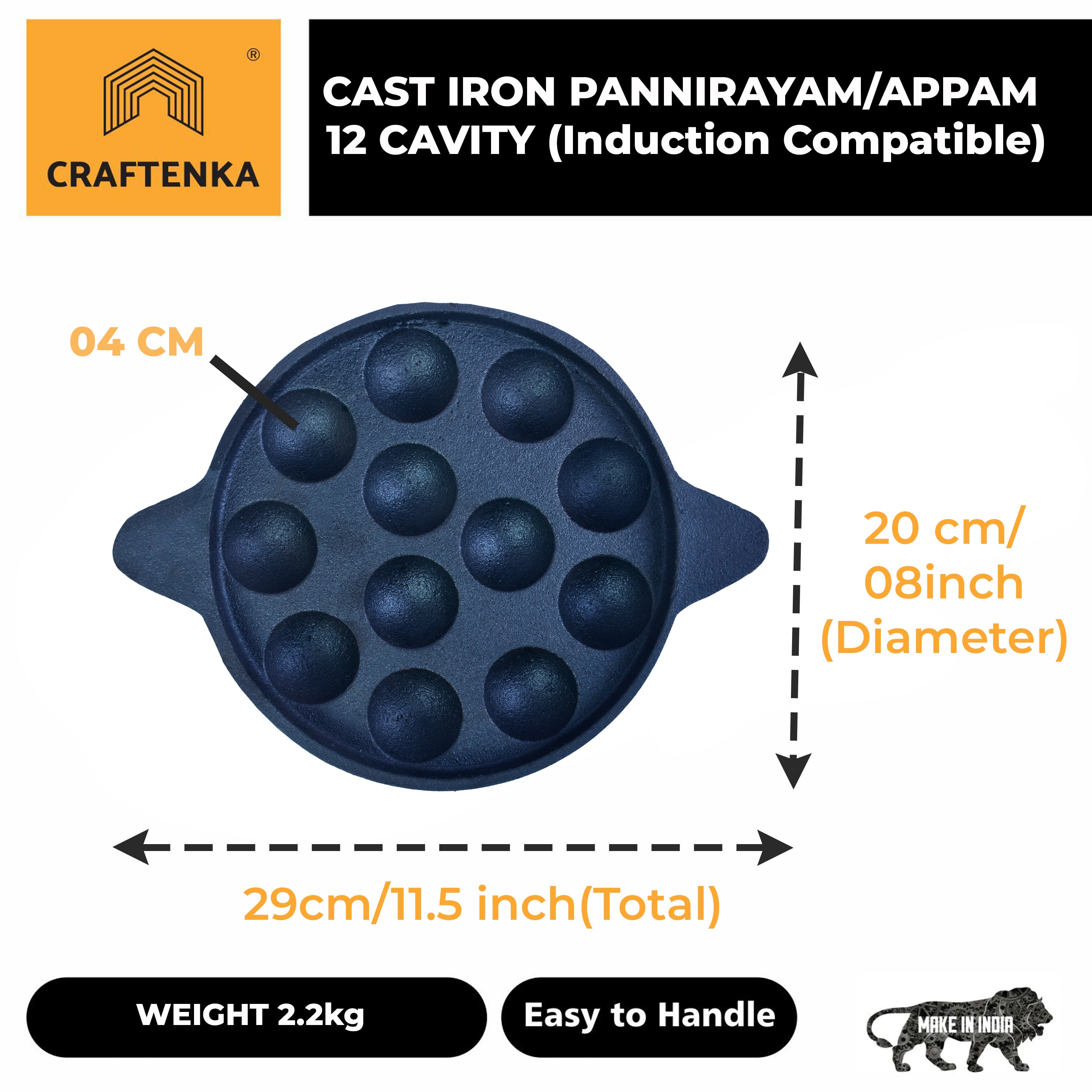 Cast Iron Panniyaram /Appam Pan - 12 cavity (29 cm/ 11.5 inch)